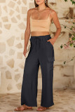 Black Drawstring Frilled Waist Wide Leg Utility Trousers