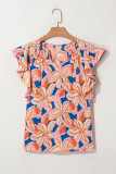 Orange Summer Flower Print Notched Neck Ruffle Sleeve Blouse