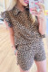 Brown Leopard Half Zipper Collared Ruffled Sleeve Top and Short Set