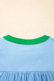 Mist Blue Contrast Notched Neck Frilly Detail Short Sleeve Blouse