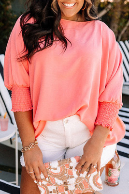 Blossom Shirred Cuffs Half Sleeve Plus Size Textured Blouse