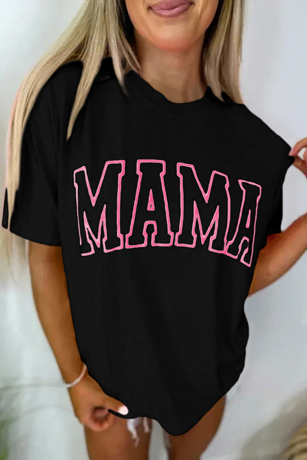 Black MAMA Letter Graphic Neon T Shirt