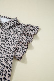 Brown Leopard Half Zipper Collared Ruffled Sleeve Top and Short Set