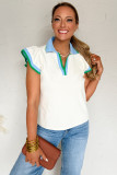 White Color Contrast Ruffled Sleeve Collared V Neck Blouse