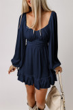 Blue White Plain Ruffled High Waist Square Neck Mini Dress