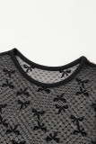 Black Bow Knot Dotted See-through Mesh Patched Slim Fit Blouse