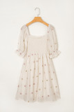 Beige Embroidered Flower Smocked Bust Half Puff Sleeve Empire Waist Textured Flowy Dress