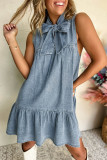 Real Teal Bowknot Neck Sleeveless Ruffled Chambray Dress