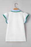 White Color Contrast Ruffled Sleeve Collared V Neck Blouse