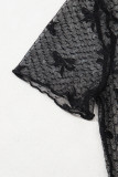 Black Bow Knot Dotted See-through Mesh Patched Slim Fit Blouse