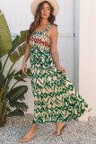 Green Western Aztec Shirred A-line Sleeveless Maxi Dress