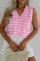 Pink Stripe V Neck Gold Buttons Elegant Sweater Vest