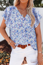 Blue Flutter Sleeve V Neck Floral Summer Blouse