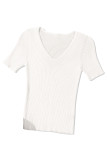 White V Neck Ribbed Knit Lightweight Short Sleeve Sweater
