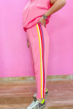 Bonbon Color Contrast Crewneck T Shirt and Wide Leg High Waist Pants Set