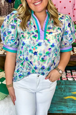 Green Floral Print Colorblock Edge Puff Sleeve Split Neck Plus Size Blouse
