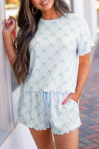 Sky Blue Bow Knot Geometric Print Lettuce Trim Two Piece Lounge Set