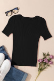 Black V Neck Ribbed Knit Lightweight Short Sleeve Sweater