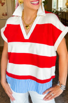 Red Stripe Collar V Neck Cuffed Dolman Short Sleeve Top