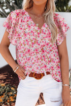Red Flutter Sleeve V Neck Floral Summer Blouse