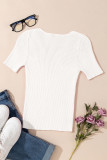 White V Neck Ribbed Knit Lightweight Short Sleeve Sweater