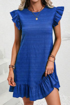 Dark Blue Textured Flutter Sleeve Ruffled Mini Dress