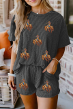 Carbon Grey Western Rodeo Graphic Patched 3D Ribbed Short 2pcs Outfit