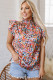 Orange Floral Print Flutter Sleeve Blouse Top