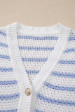 Sky Blue Stripe V Neck Gold Buttons Elegant Sweater Vest