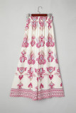 Rose Boho Printed Shirred High Waist Flowy Wide Leg Pants