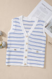 Sky Blue Stripe V Neck Gold Buttons Elegant Sweater Vest