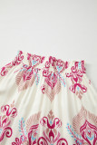 Rose Boho Printed Shirred High Waist Flowy Wide Leg Pants