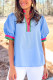 Sky Blue Contrast Striped V Neck Collision Short Puff Sleeve Blouse
