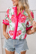 Rose Floral Print Ruffle Striped Trim Short Sleeve Blouse