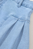 Dusk Blue Pleated Patchwork Panel Lightweight Denim Shorts