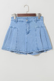 Dusk Blue Pleated Patchwork Panel Lightweight Denim Shorts
