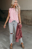 Pink Khaki Striped Crew Neck Ruffled Tank Top