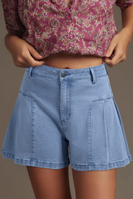 Dusk Blue Pleated Patchwork Panel Lightweight Denim Shorts