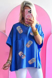 Blue Sequined American Flag Pop Can Pattern Oversized Tee