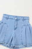 Dusk Blue Pleated Patchwork Panel Lightweight Denim Shorts