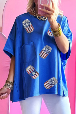 Blue Sequined American Flag Pop Can Pattern Oversized Tee