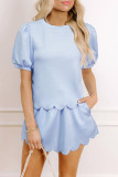Beau Blue Puff Sleeve Pearl Embellished Scallop Trim Top 2 Piece Skort Set