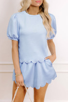 Beau Blue Puff Sleeve Pearl Embellished Scallop Trim Top 2 Piece Skort Set