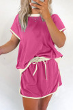 Rose Red Colorblock Edge Drop Shoulder T Shirt and Skort 2Pcs Set