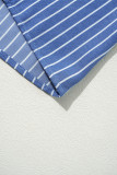 Sky Blue Stripe Frilly Split Neck Shirred Ruffle Sleeve Short Shift Dress