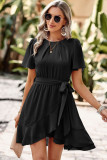 Black Pleated Round Neck Butterfly Sleeve Ruffle Trim Belted Mini Dress