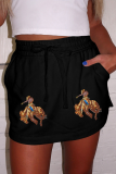 Black Sequin Western Cowboy Patched Lace-up High Waist Skort