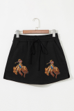 Black Sequin Western Cowboy Patched Lace-up High Waist Skort