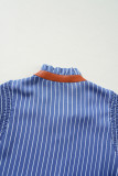 Sky Blue Stripe Frilly Split Neck Shirred Ruffle Sleeve Short Shift Dress