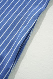Sky Blue Stripe Frilly Split Neck Shirred Ruffle Sleeve Short Shift Dress